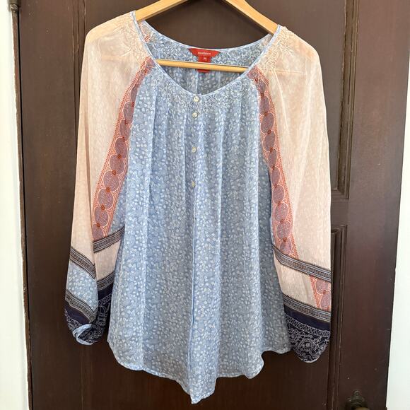 SUNDANCE Blue & pink 100% Silk Boho Mixed Print Chiffon Blouson Blouse Medium - Picture 1 of 9
